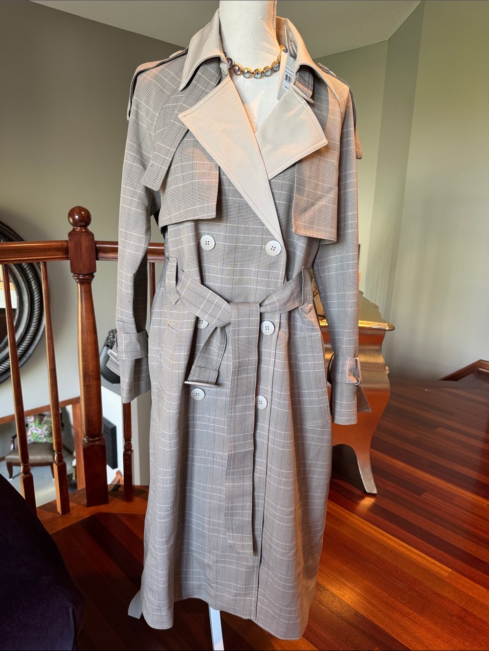 NEW Plaid  Double-Breasted Trench Coat with Belt - Light Taupe